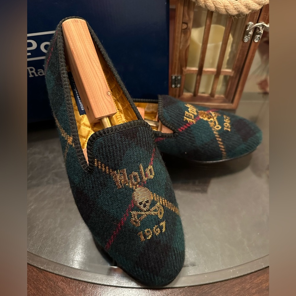 Ralph Lauren Collis Gent’s Size 10D Wool Tartan Skull Slippers Shoes New In Box